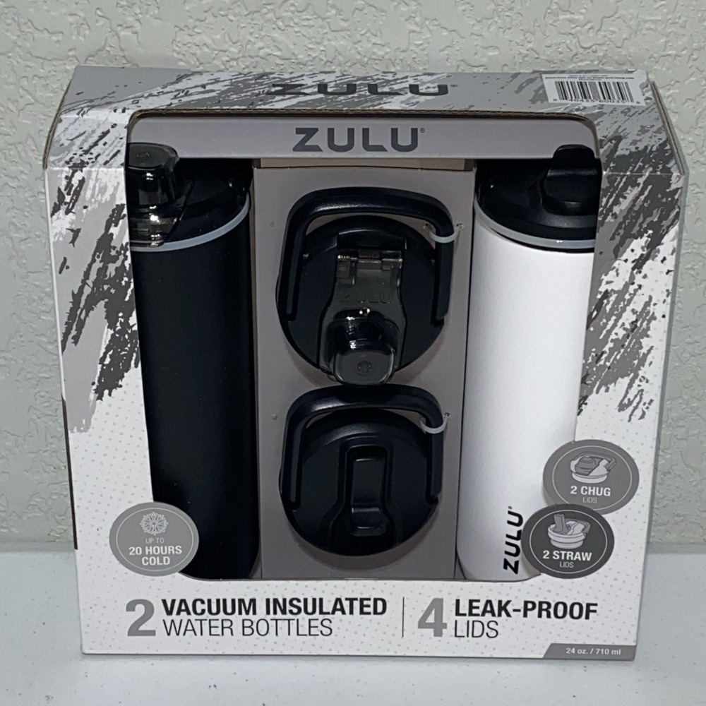 Zulu Vacuum Insulated Water Bottles Stainless Steel 2 Pk 24oz 2 Extra Lids NEW
